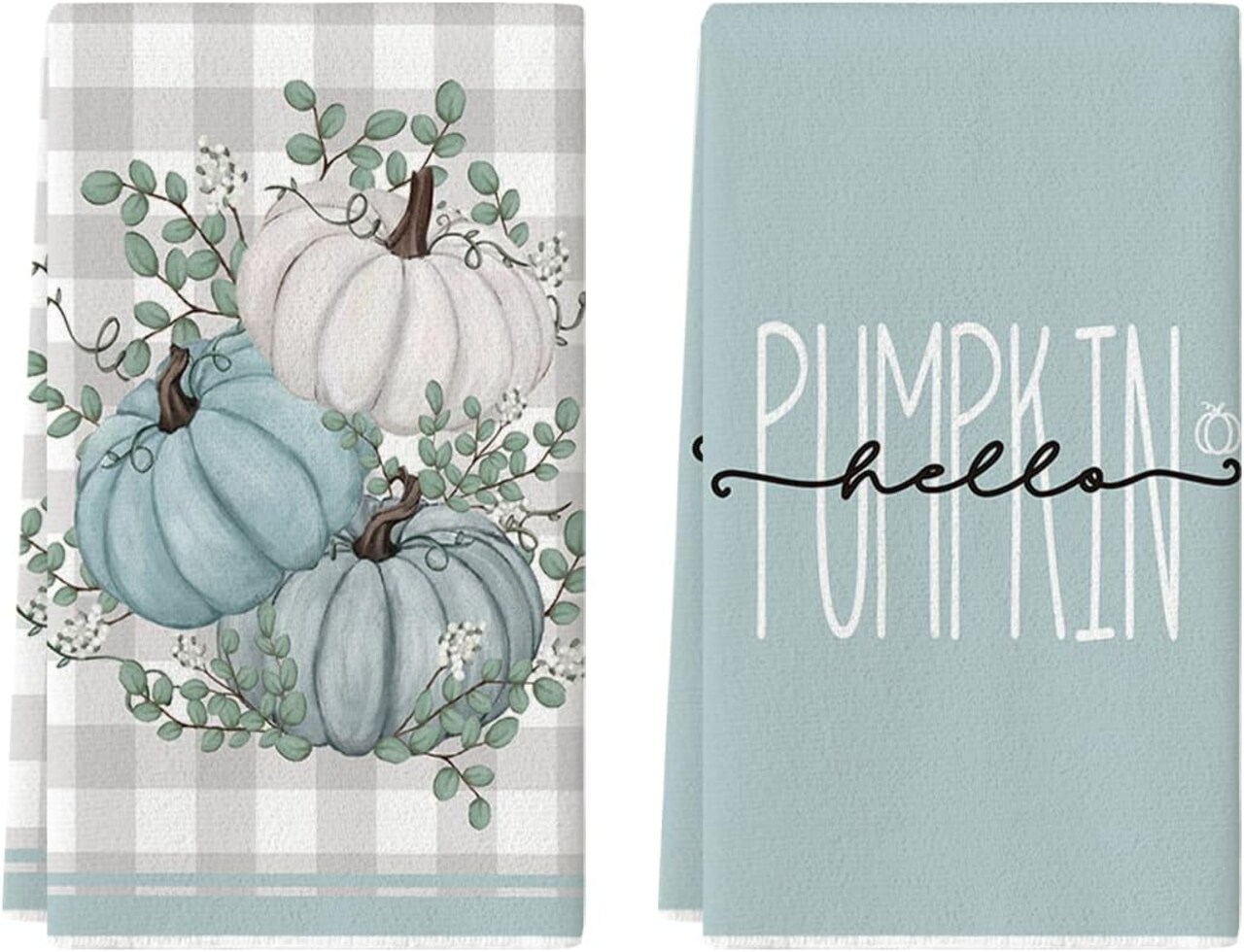 Hello Pumpkin Eucalyptus Leaves Fall Kitchen Towels Dish Towels